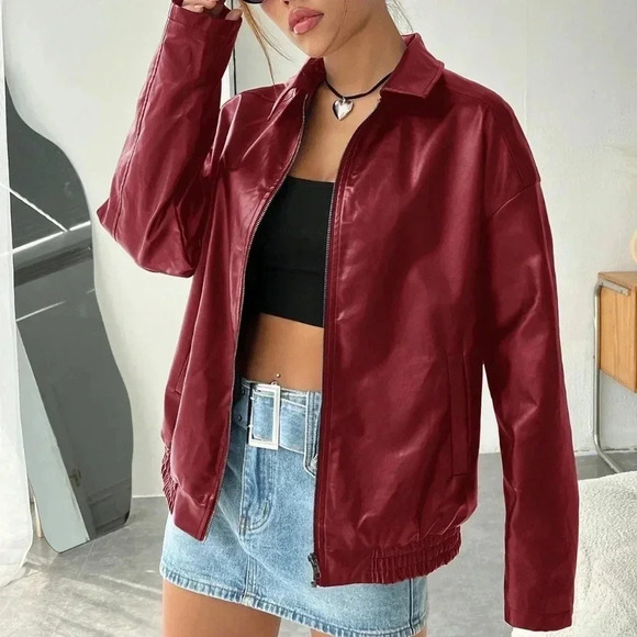 Casual Off-Shoulder Zipped PU Leather Coat - Picture 2 of 4